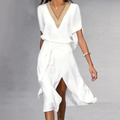Women's Wrap Midi Dress - Embellished V Neck for Occasion