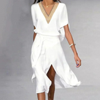 Women's Wrap Midi Dress - Embellished V Neck for Occasion