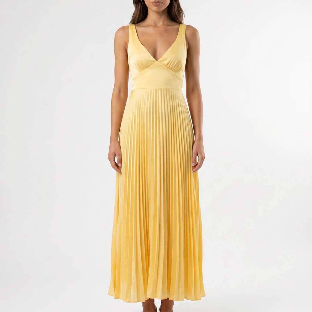 Women’s V Neck Pleated Maxi Dress